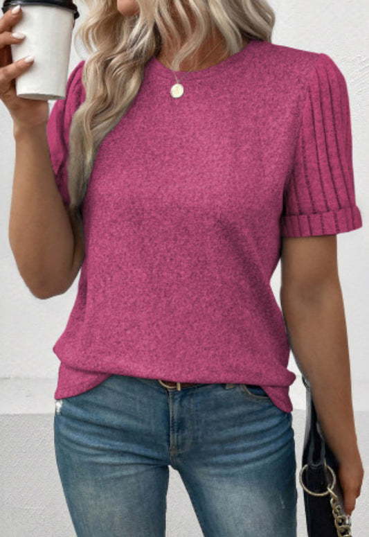 Pink Ribbed Splicing Sleeve Round Neck T-Shirt