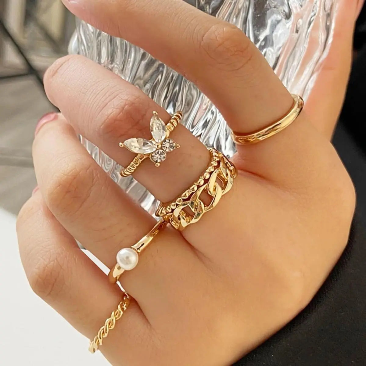 Women Fashion Simple Butterfly Rhinestone Joint Ring 5 Pieces-Set