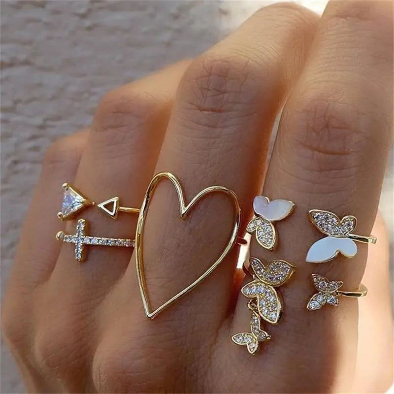 Women Fashion Simple Cross Triangle Heart Hollow Full Diamond Butterfly 5 Piece Set Ring