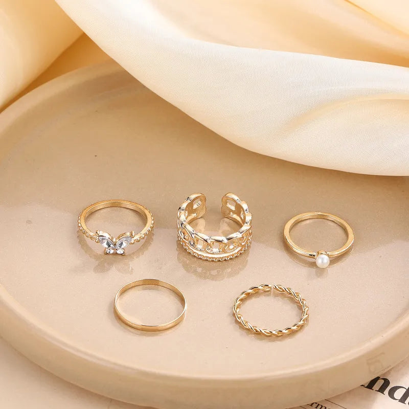 Women Fashion Simple Butterfly Rhinestone Joint Ring 5 Pieces-Set